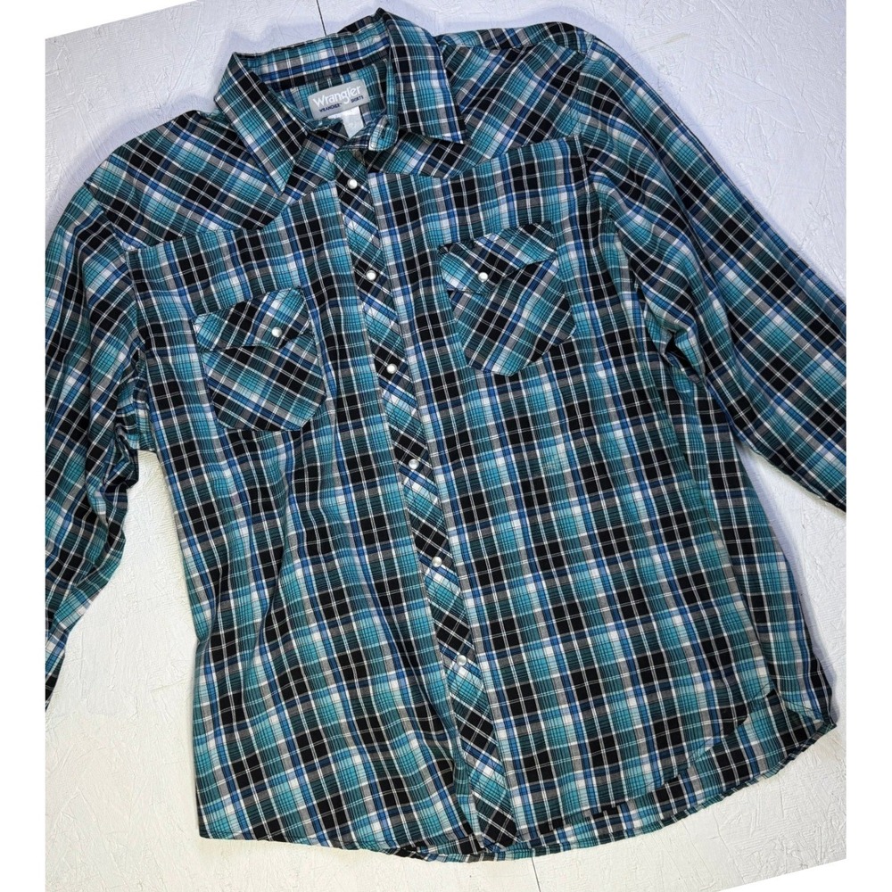 Wrangler Wrancher Mens XL Blue Plaid Pearl Snap Western Shirt Long Sleeve